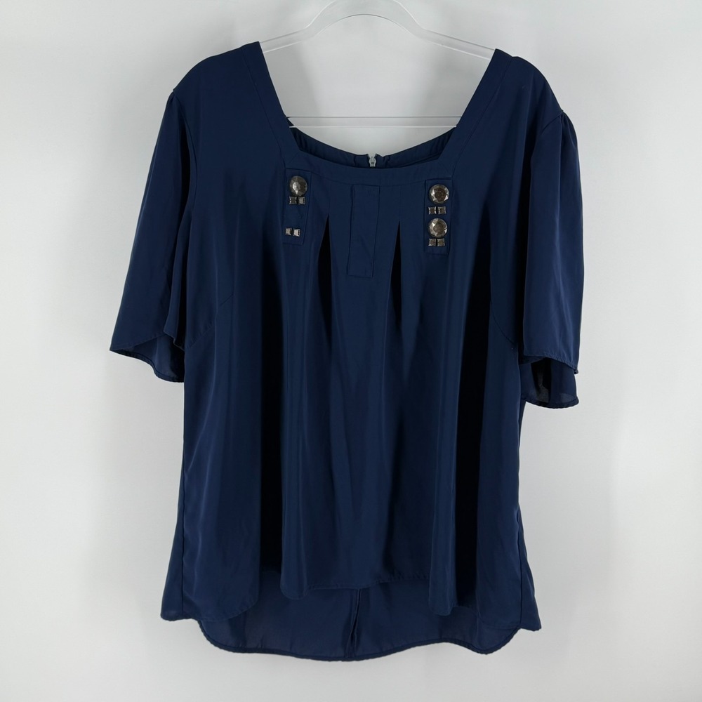 Apostrophe Blouse Top Womens 20-22W Navy‎ Blue Embellished Square Neck Back Zip